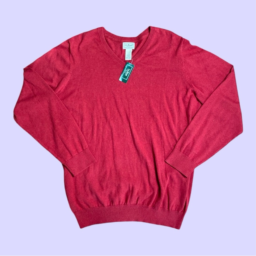 L. L. Bean mens cotton cashmere blend soft v neck long sleeved red sweater